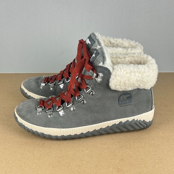 Sorel Out N About Plus Conquest Suede Boots Womens 9.5 Gray Red Cream Lace Up - Picture 1 of 10